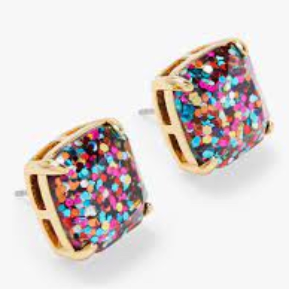SOLD NEW Kate Spade Glitter Crystal Square Stud Earrings Rainbow Confetti